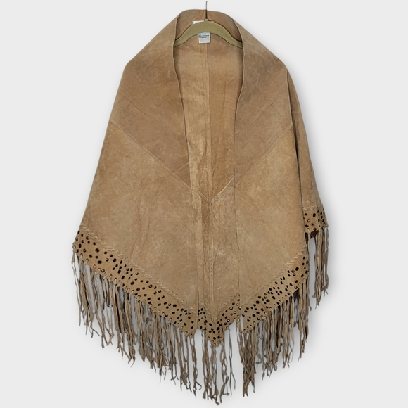 Vtg Newport News Fringed Suede Leather Cape Wrap Brown Boho Western Native